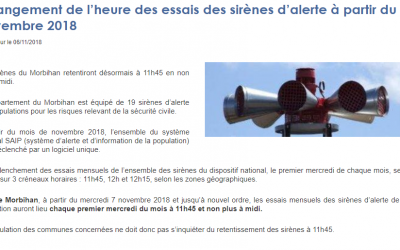 Changement de l’heure des essais des sirènes d’alerte aux populations depuis le 7 novembre 2018
